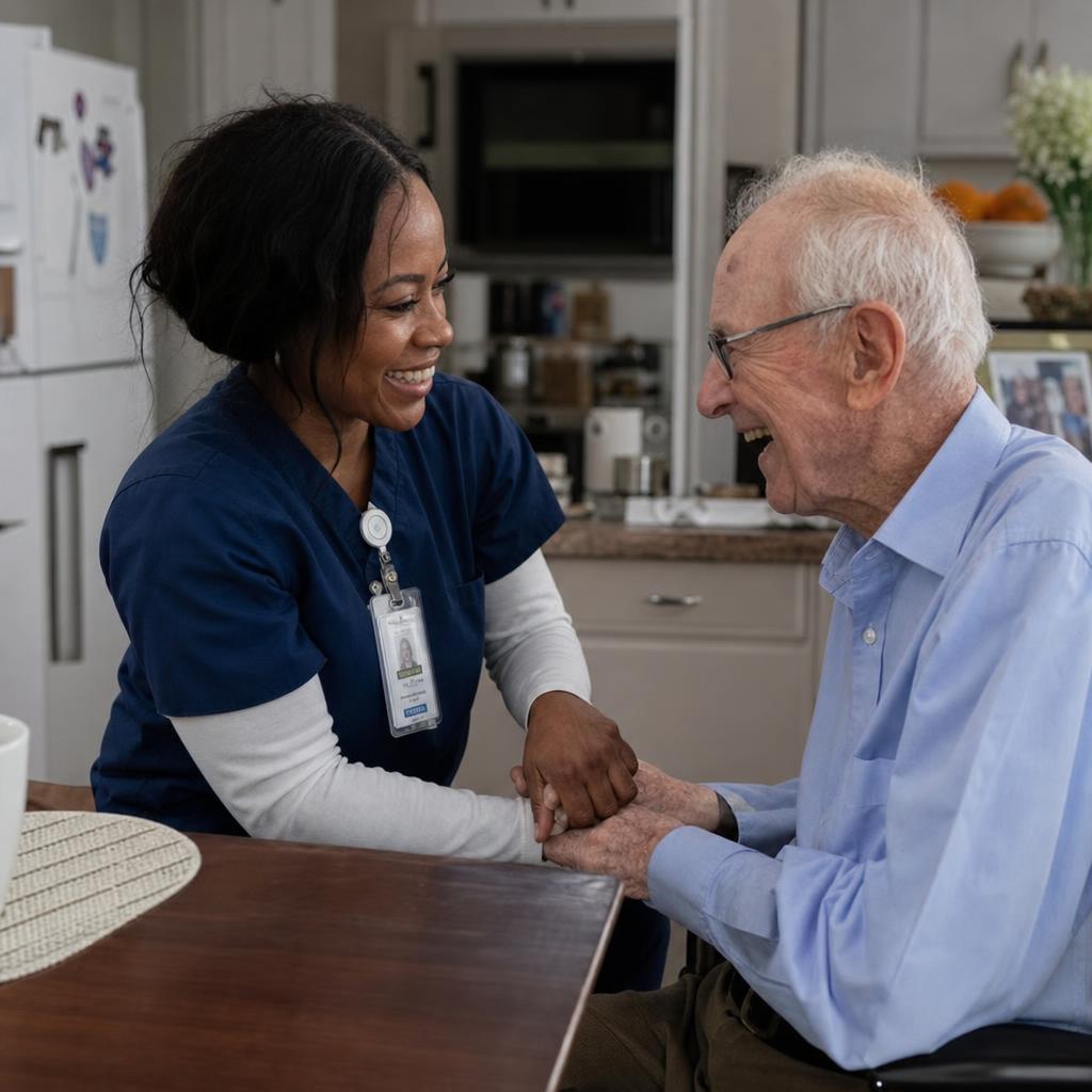 Caregiver holding hands with an elderly client