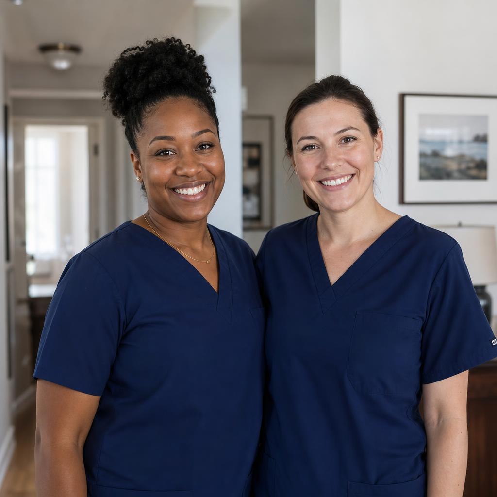 Two caregivers in navy scrubs smiling together