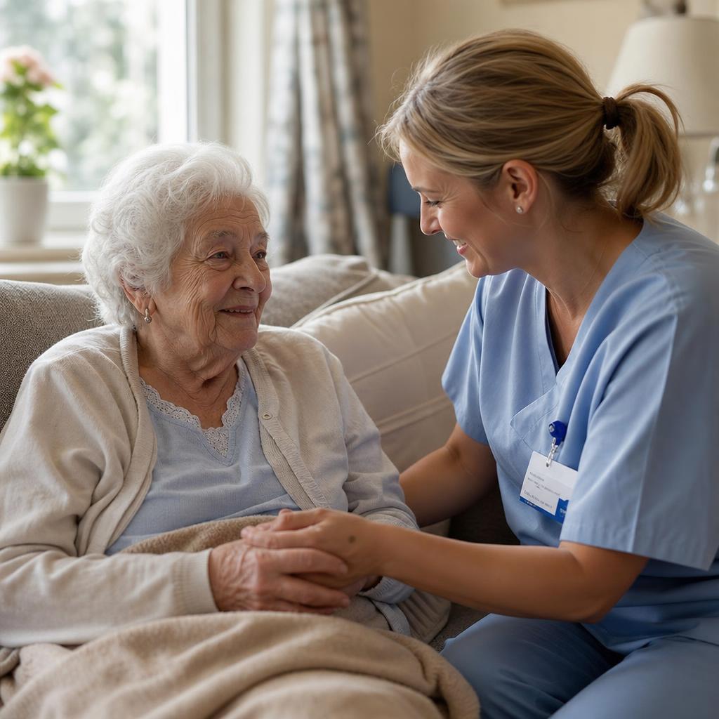 Caregiver embracing a smiling senior woman at home