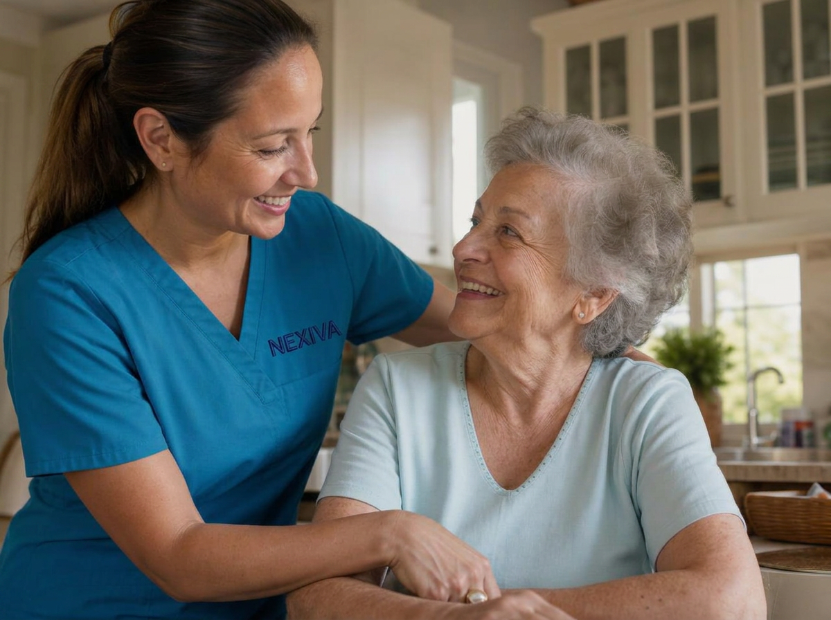 Caregiver embracing a smiling senior woman at home