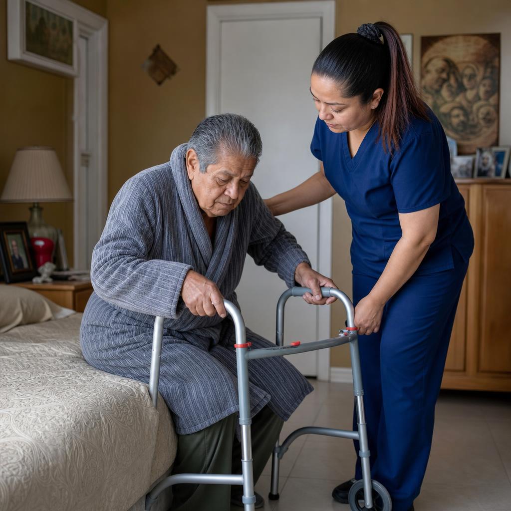 Caregiver assisting a man recovering at home